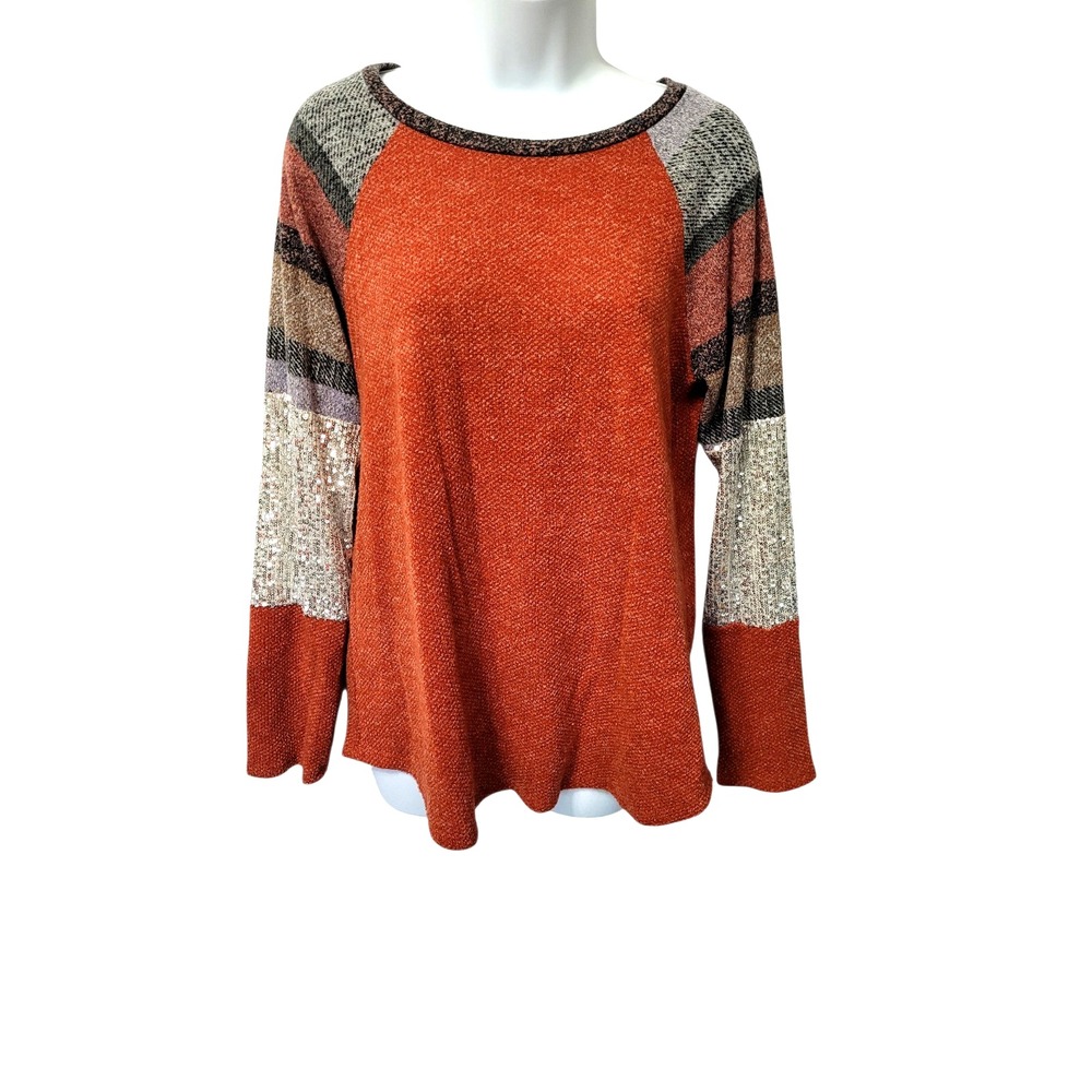 VTG Lovely J Sequin Sleeves Knit Y2K Top Size Large Long Sleeve Rust
